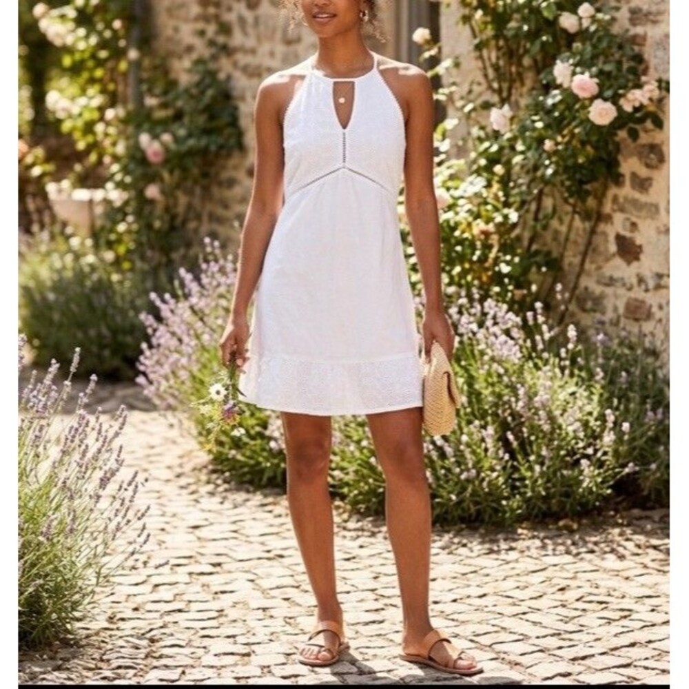 VNTG Candie's Women White Eyelet Halter Sundress XS Keyhole Boho Y2K Cottagecore
